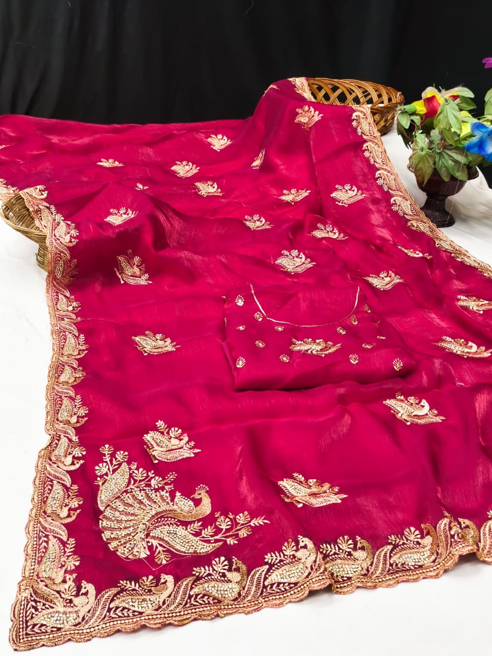 DF-KELVIN SATIN FABRIC SAREE WITH HEAVY JARKAN WORK WITH BEAUTIFUL PEACOCK DESIGN WITH HEAVY BLOUSE