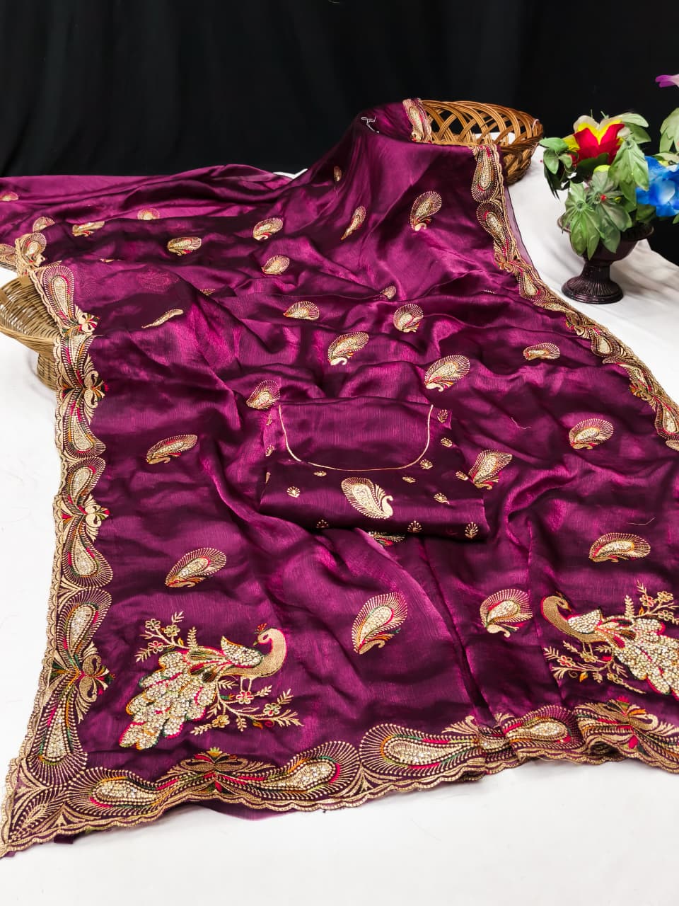 DF-NOOR CHIFFON FABRIC SAREE WITH BEAUTIFUL DESIGN WITH HEAVY JARKAN WORK WITH PEACOK DESIGN WITH HEAVY BLOUSE