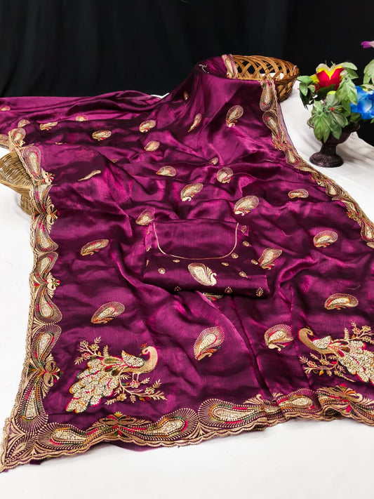 DF-NOOR CHIFFON FABRIC SAREE WITH BEAUTIFUL DESIGN WITH HEAVY JARKAN WORK WITH PEACOK DESIGN WITH HEAVY BLOUSE