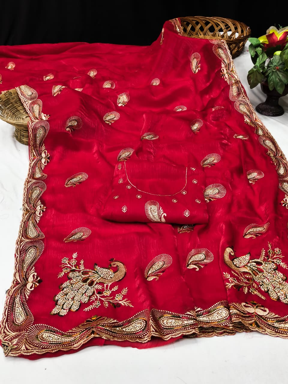 DF-NOOR CHIFFON FABRIC SAREE WITH BEAUTIFUL DESIGN WITH HEAVY JARKAN WORK WITH PEACOK DESIGN WITH HEAVY BLOUSE