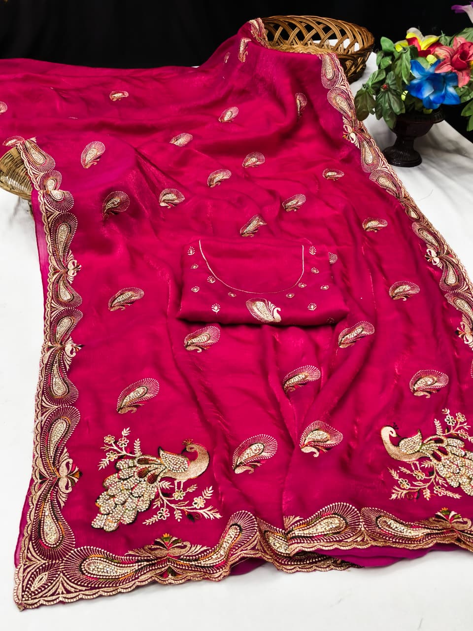 DF-NOOR CHIFFON FABRIC SAREE WITH BEAUTIFUL DESIGN WITH HEAVY JARKAN WORK WITH PEACOK DESIGN WITH HEAVY BLOUSE