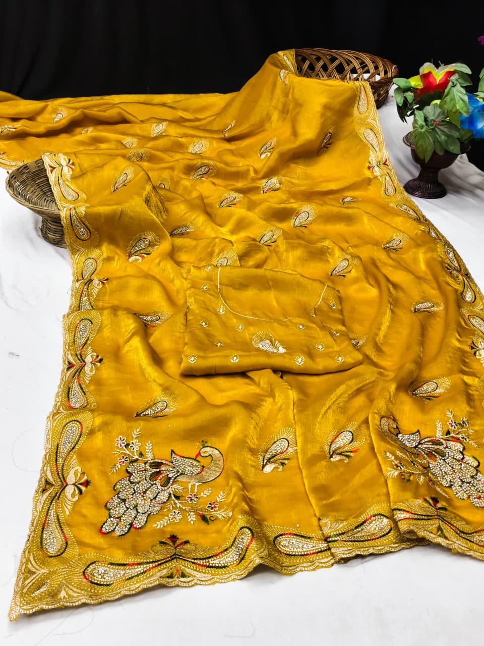 DF-NOOR CHIFFON FABRIC SAREE WITH BEAUTIFUL DESIGN WITH HEAVY JARKAN WORK WITH PEACOK DESIGN WITH HEAVY BLOUSE