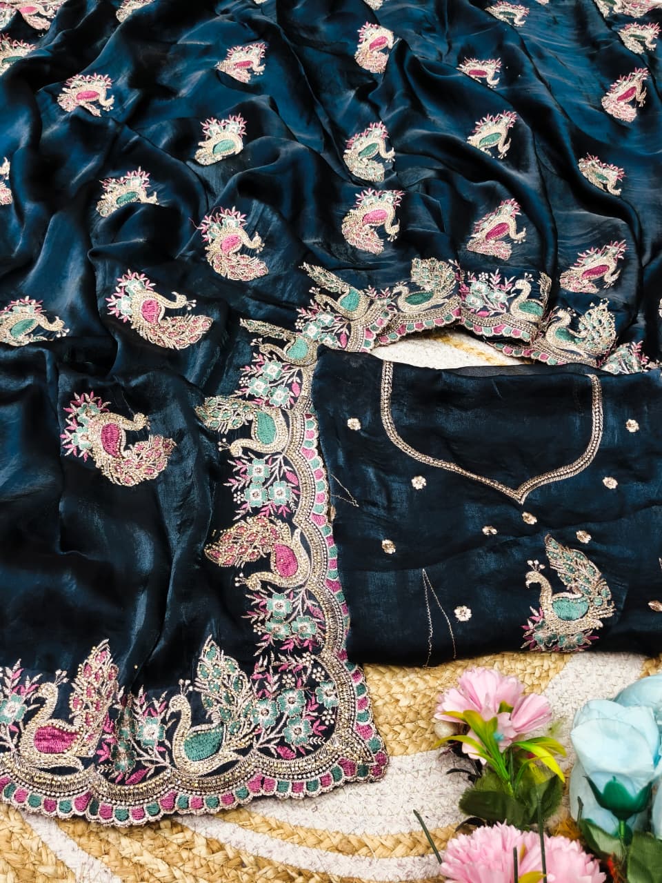 DF-AMRUTA-DARK SATIN FABRIC SAREE WITH BEAUTIFUL HEAVY EMBROIDERY DESIGN WITH  THREAD WORK WITH JARKAN WORK WITH SUPER LOOKING SAREE WITH HEAVY BLOUSE