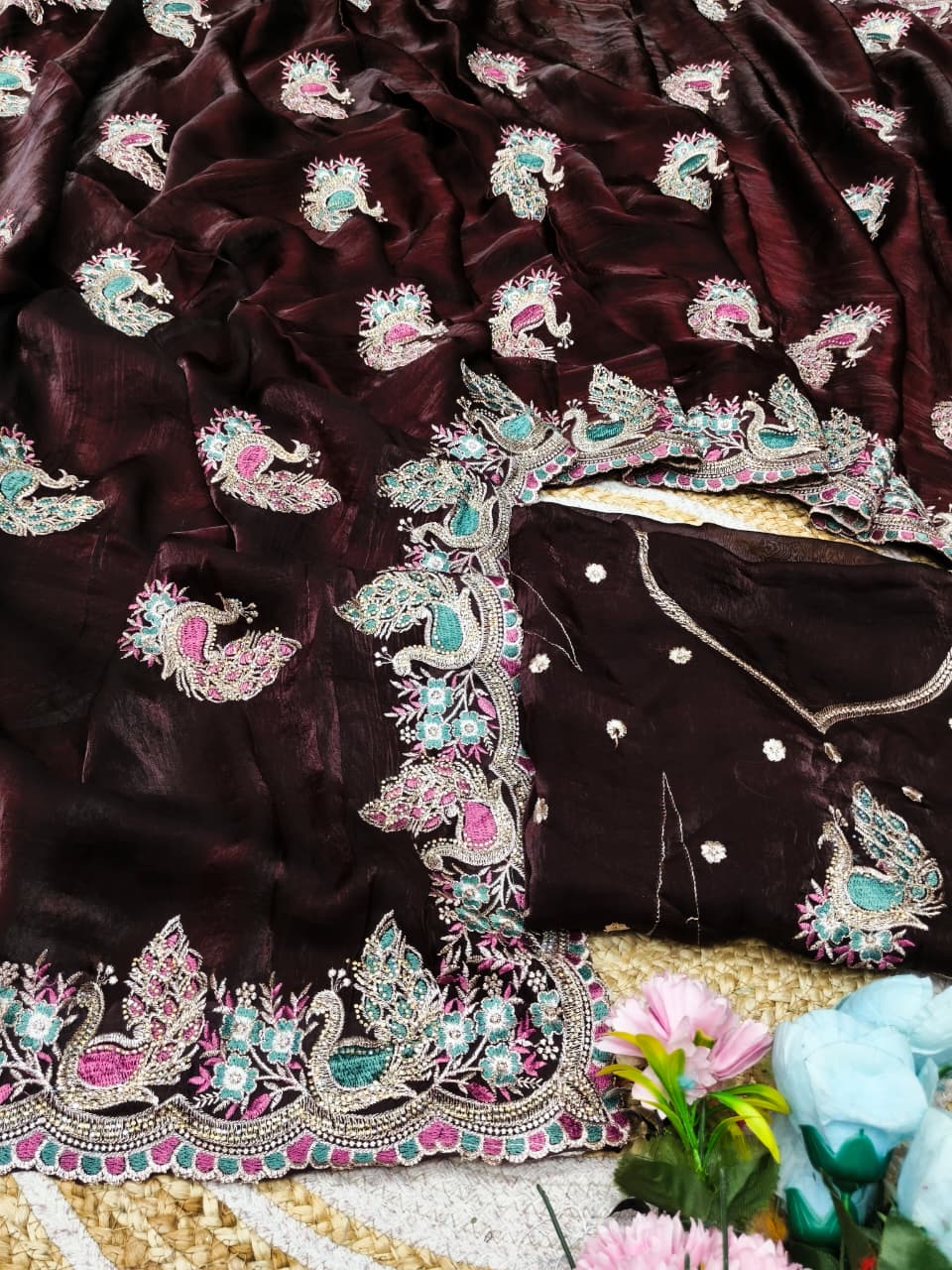 DF-AMRUTA-DARK SATIN FABRIC SAREE WITH BEAUTIFUL HEAVY EMBROIDERY DESIGN WITH  THREAD WORK WITH JARKAN WORK WITH SUPER LOOKING SAREE WITH HEAVY BLOUSE