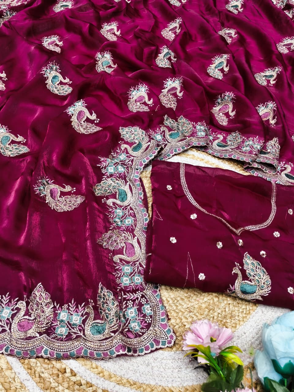 DF-AMRUTA-DARK SATIN FABRIC SAREE WITH BEAUTIFUL HEAVY EMBROIDERY DESIGN WITH  THREAD WORK WITH JARKAN WORK WITH SUPER LOOKING SAREE WITH HEAVY BLOUSE