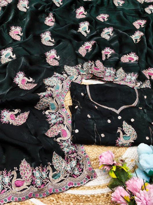 DF-AMRUTA-DARK SATIN FABRIC SAREE WITH BEAUTIFUL HEAVY EMBROIDERY DESIGN WITH  THREAD WORK WITH JARKAN WORK WITH SUPER LOOKING SAREE WITH HEAVY BLOUSE