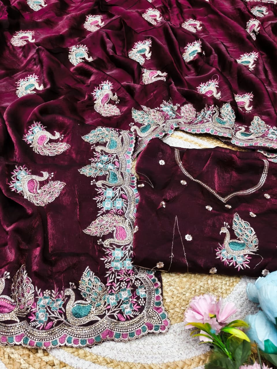 DF-AMRUTA-DARK SATIN FABRIC SAREE WITH BEAUTIFUL HEAVY EMBROIDERY DESIGN WITH  THREAD WORK WITH JARKAN WORK WITH SUPER LOOKING SAREE WITH HEAVY BLOUSE