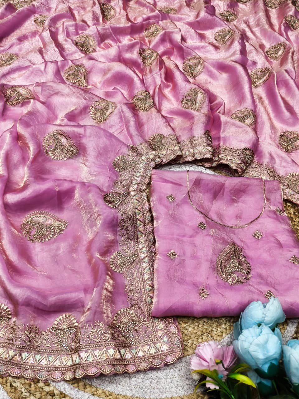 DF-SUMERU SATIN SILK FABRIC SAREE WITH JARKAN WORK WITH BEAUTIFUL DESIGN WITH HEAVY BLOUSE