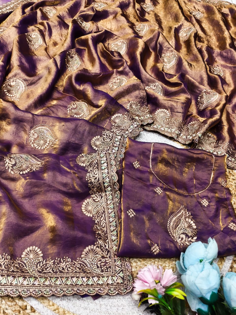 DF-SUMERU SATIN SILK FABRIC SAREE WITH JARKAN WORK WITH BEAUTIFUL DESIGN WITH HEAVY BLOUSE