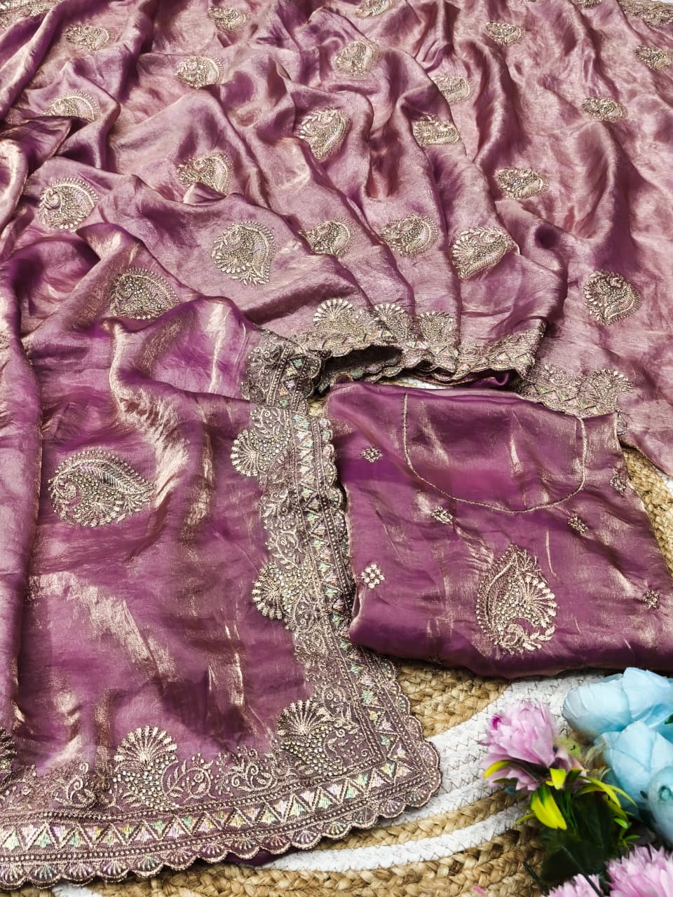 DF-SUMERU SATIN SILK FABRIC SAREE WITH JARKAN WORK WITH BEAUTIFUL DESIGN WITH HEAVY BLOUSE