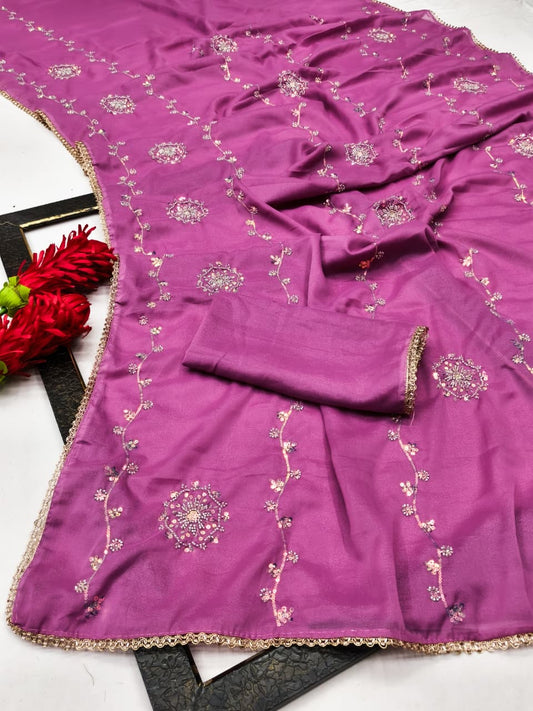 DF-SURUCHI  STAR GEORGETTE FABRIC SAREE WITH HANDWORK BEADS AND SEQUENCE WORK WITH HANDWORK BORDER