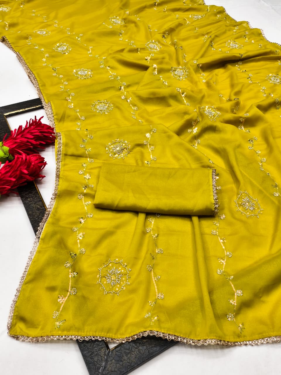 DF-SURUCHI  STAR GEORGETTE FABRIC SAREE WITH HANDWORK BEADS AND SEQUENCE WORK WITH HANDWORK BORDER
