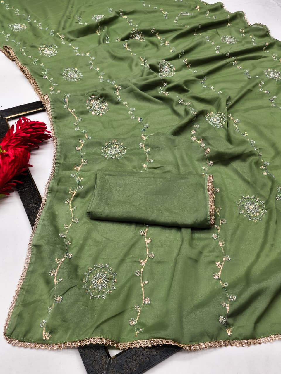 DF-SURUCHI  STAR GEORGETTE FABRIC SAREE WITH HANDWORK BEADS AND SEQUENCE WORK WITH HANDWORK BORDER