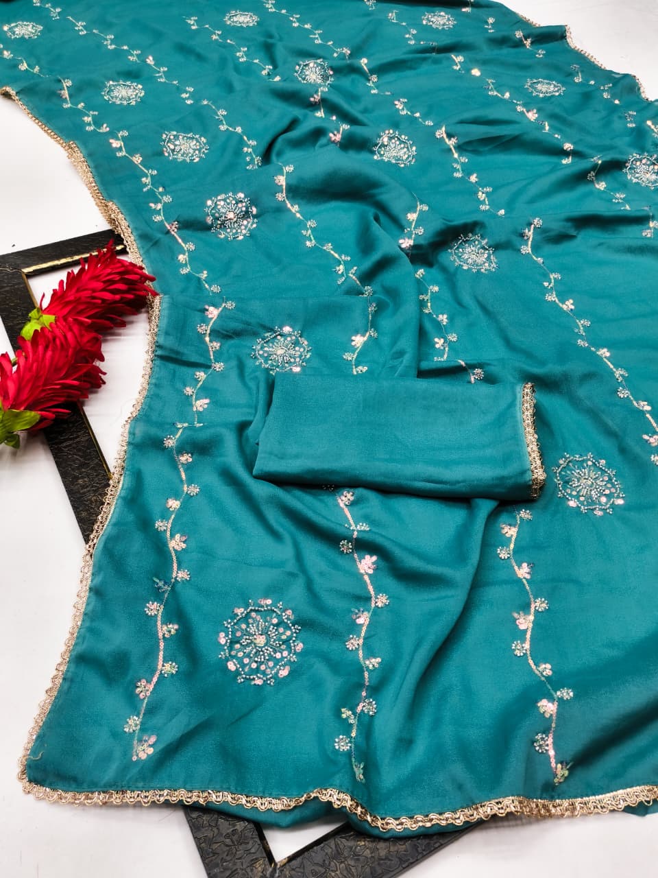 DF-SURUCHI  STAR GEORGETTE FABRIC SAREE WITH HANDWORK BEADS AND SEQUENCE WORK WITH HANDWORK BORDER