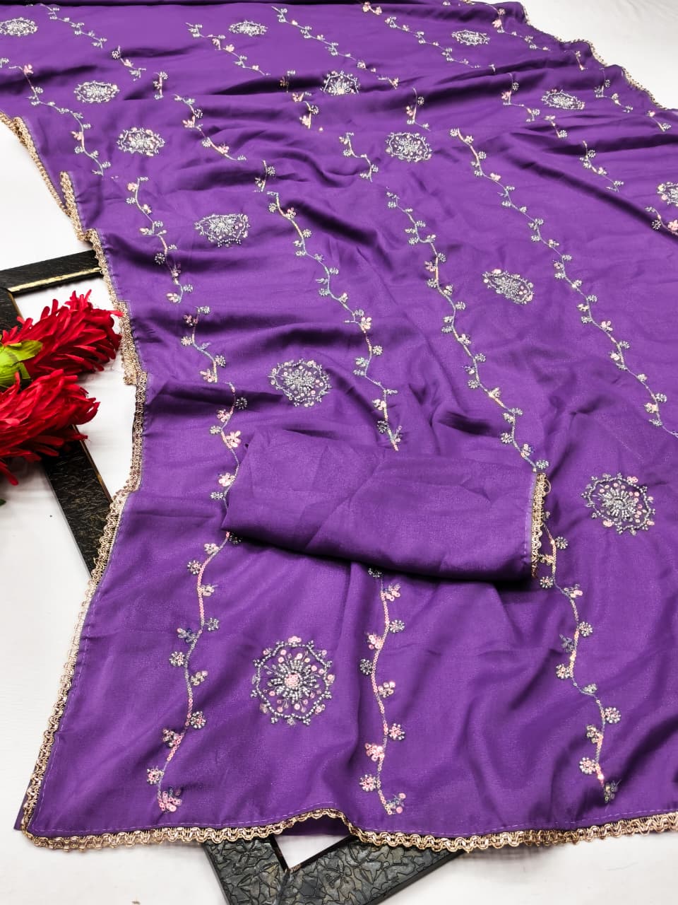 DF-SURUCHI  STAR GEORGETTE FABRIC SAREE WITH HANDWORK BEADS AND SEQUENCE WORK WITH HANDWORK BORDER