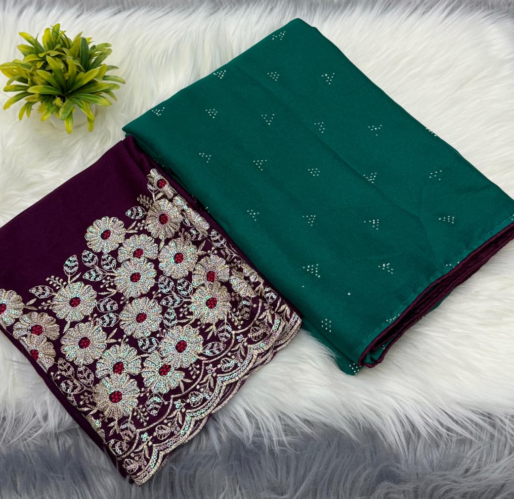 NN-2043 Star georgette fabric with siroski work allover saree with piping and tussels with Contrast rich embroidary sequence work blouse