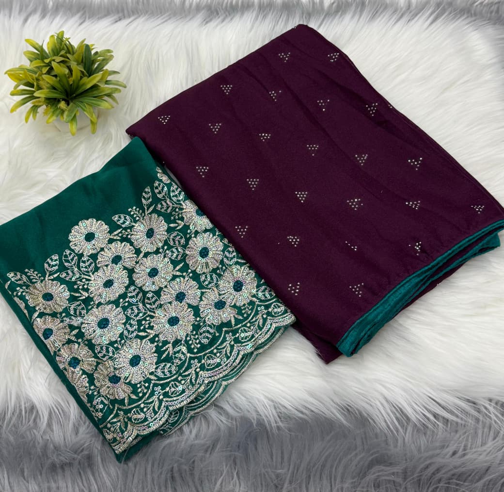 NN-2043 Star georgette fabric with siroski work allover saree with piping and tussels with Contrast rich embroidary sequence work blouse