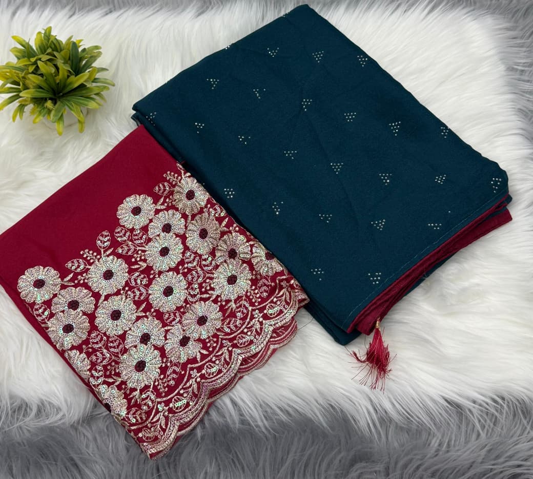NN-2043 Star georgette fabric with siroski work allover saree with piping and tussels with Contrast rich embroidary sequence work blouse