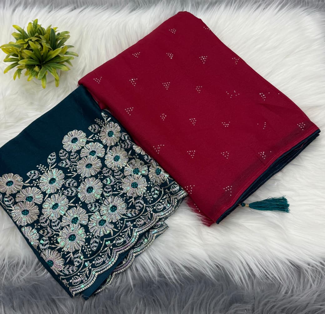 NN-2043 Star georgette fabric with siroski work allover saree with piping and tussels with Contrast rich embroidary sequence work blouse