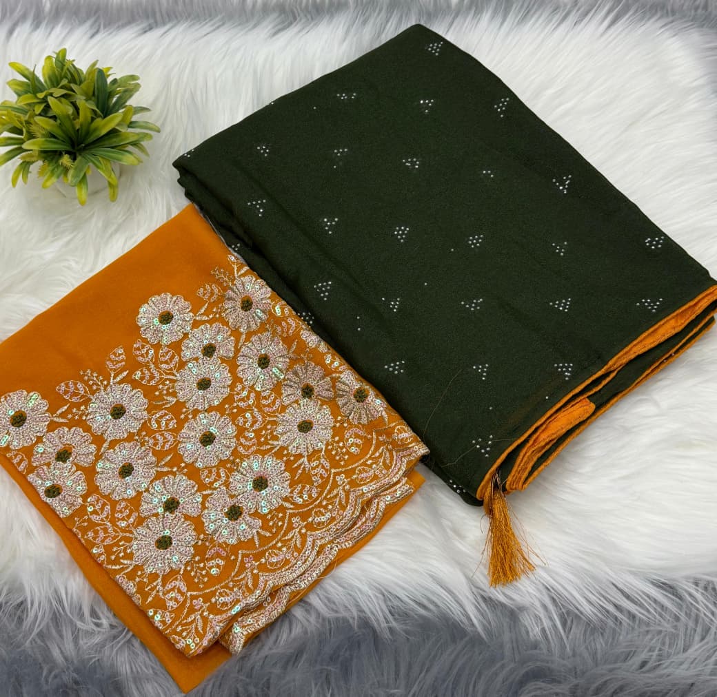 NN-2043 Star georgette fabric with siroski work allover saree with piping and tussels with Contrast rich embroidary sequence work blouse