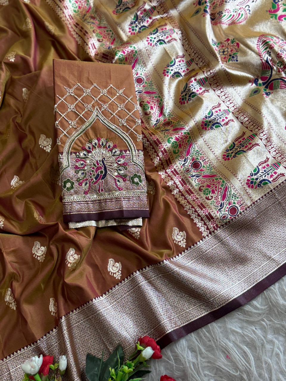 SA-7084 (WITH BOX)  SOFT SILK SAREE WITH BEAUTIFUL PAITHANI BORDER WITH MEENA PALLU AND WITH EMBROIDERY WORK BLOUSE