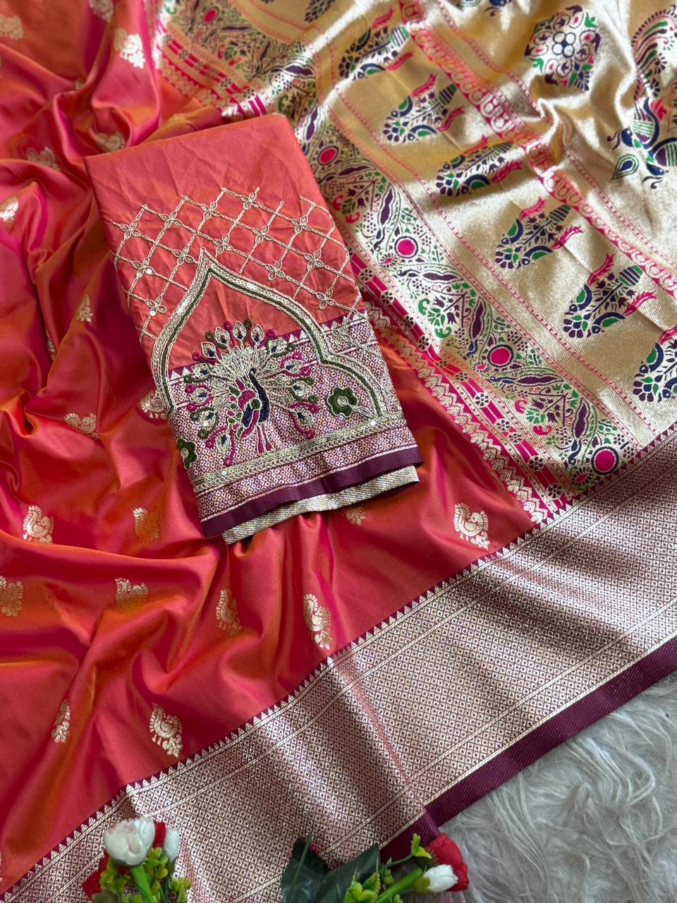SA-7084 (WITH BOX)  SOFT SILK SAREE WITH BEAUTIFUL PAITHANI BORDER WITH MEENA PALLU AND WITH EMBROIDERY WORK BLOUSE