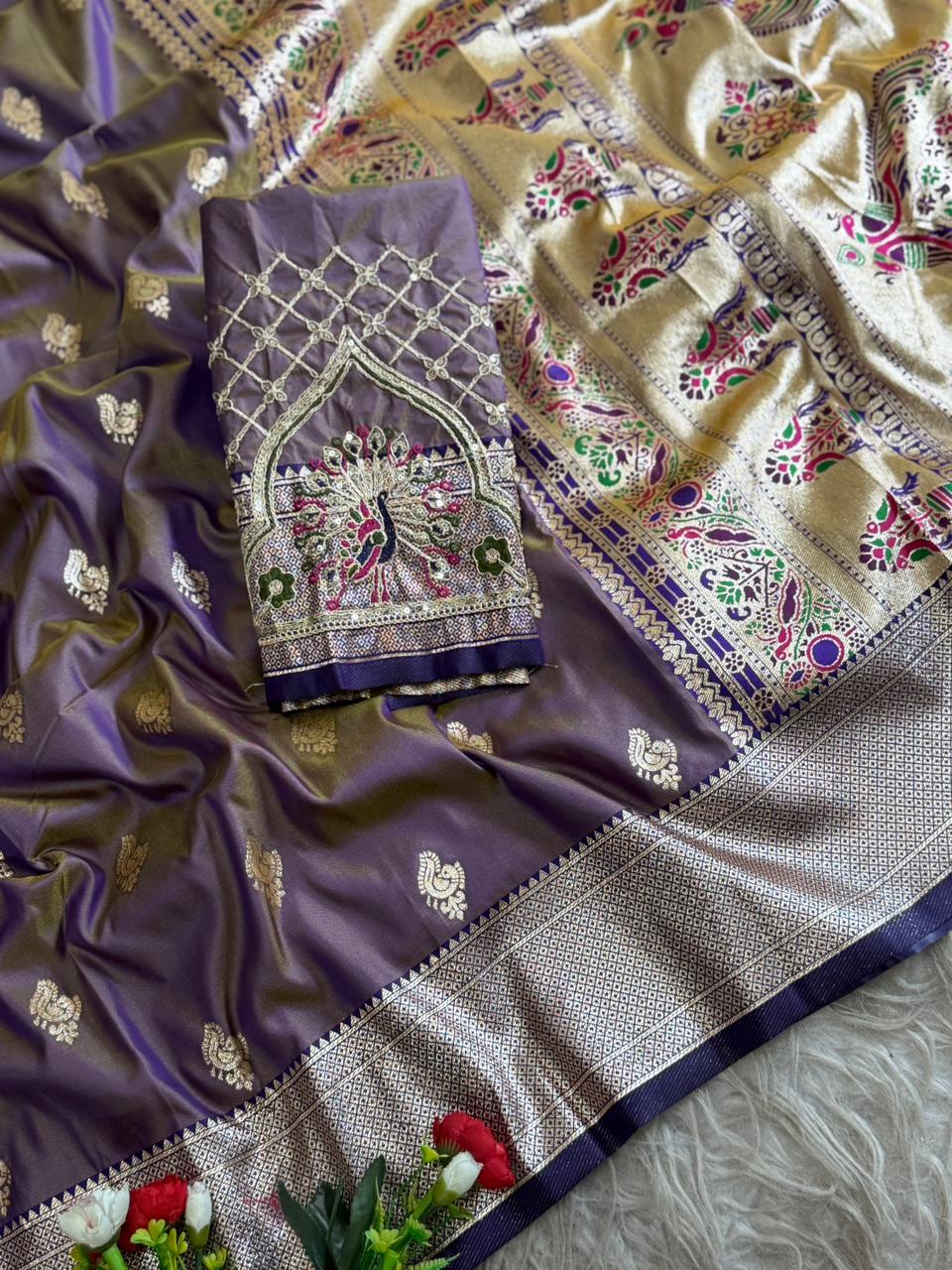 SA-7084 (WITH BOX)  SOFT SILK SAREE WITH BEAUTIFUL PAITHANI BORDER WITH MEENA PALLU AND WITH EMBROIDERY WORK BLOUSE