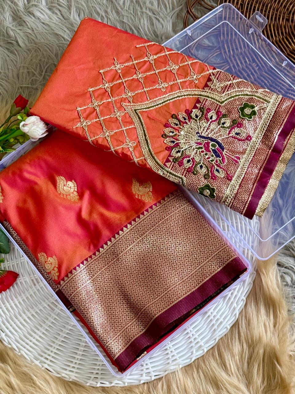 SA-7084 (WITH BOX)  SOFT SILK SAREE WITH BEAUTIFUL PAITHANI BORDER WITH MEENA PALLU AND WITH EMBROIDERY WORK BLOUSE