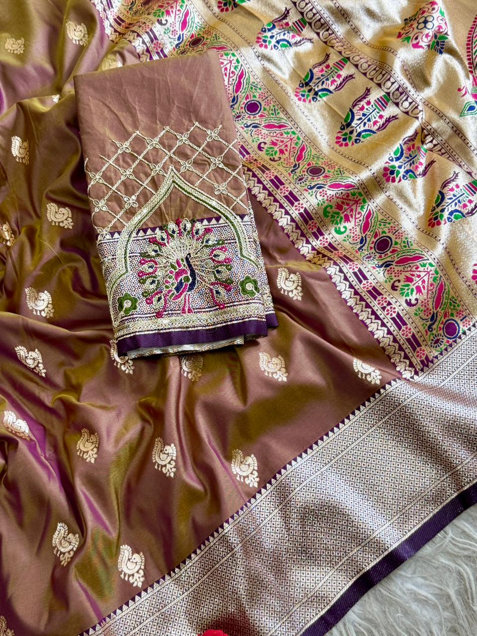 SA-7084 (WITH BOX)  SOFT SILK SAREE WITH BEAUTIFUL PAITHANI BORDER WITH MEENA PALLU AND WITH EMBROIDERY WORK BLOUSE