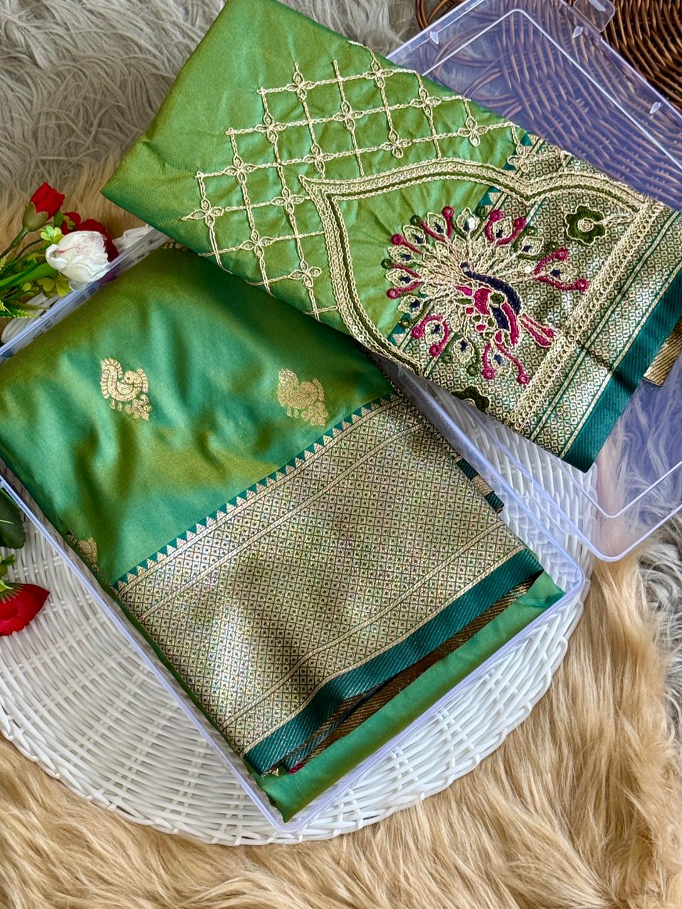 SA-7084 (WITH BOX)  SOFT SILK SAREE WITH BEAUTIFUL PAITHANI BORDER WITH MEENA PALLU AND WITH EMBROIDERY WORK BLOUSE