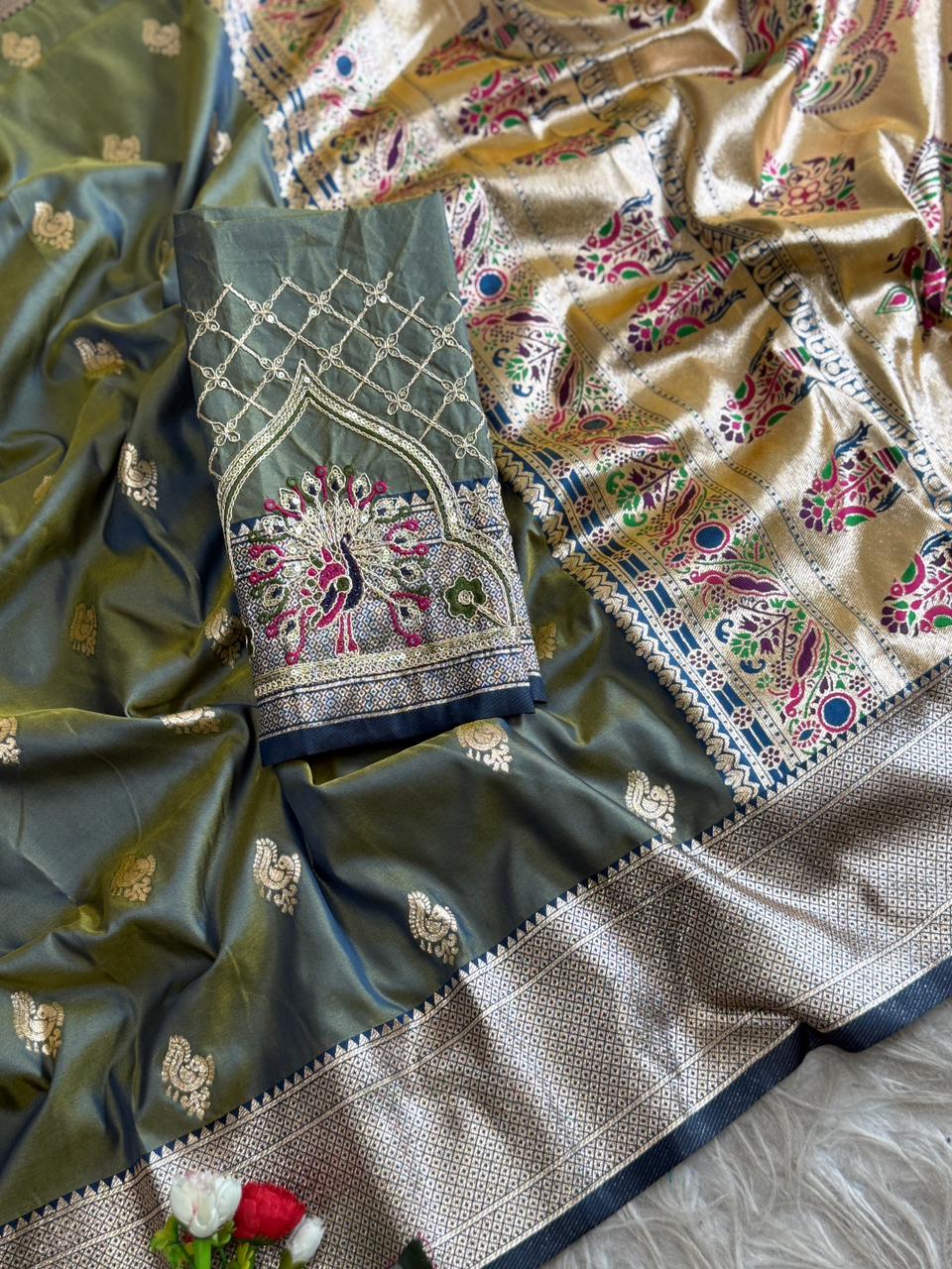 SA-7084 (WITH BOX)  SOFT SILK SAREE WITH BEAUTIFUL PAITHANI BORDER WITH MEENA PALLU AND WITH EMBROIDERY WORK BLOUSE