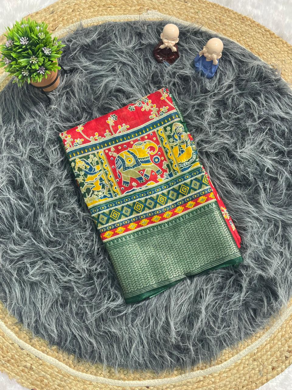 CP-7142 DOLA SILK FABRIC SAREE WITH BEAUTIFUL DESIGN WITH POSITION TYPE PRINT AND JHAL DEISGN ON BODY WITH BLOUSE