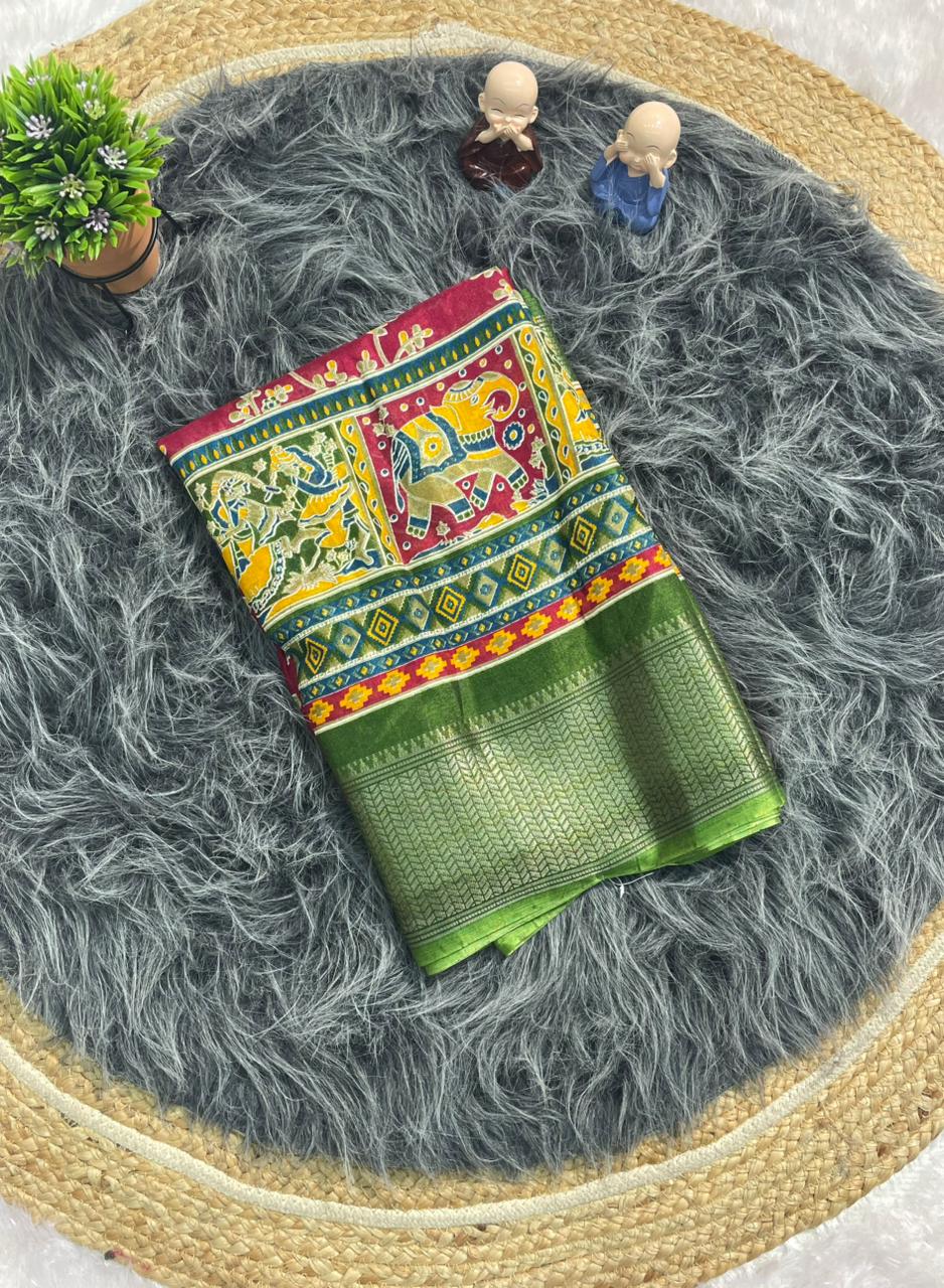 CP-7142 DOLA SILK FABRIC SAREE WITH BEAUTIFUL DESIGN WITH POSITION TYPE PRINT AND JHAL DEISGN ON BODY WITH BLOUSE