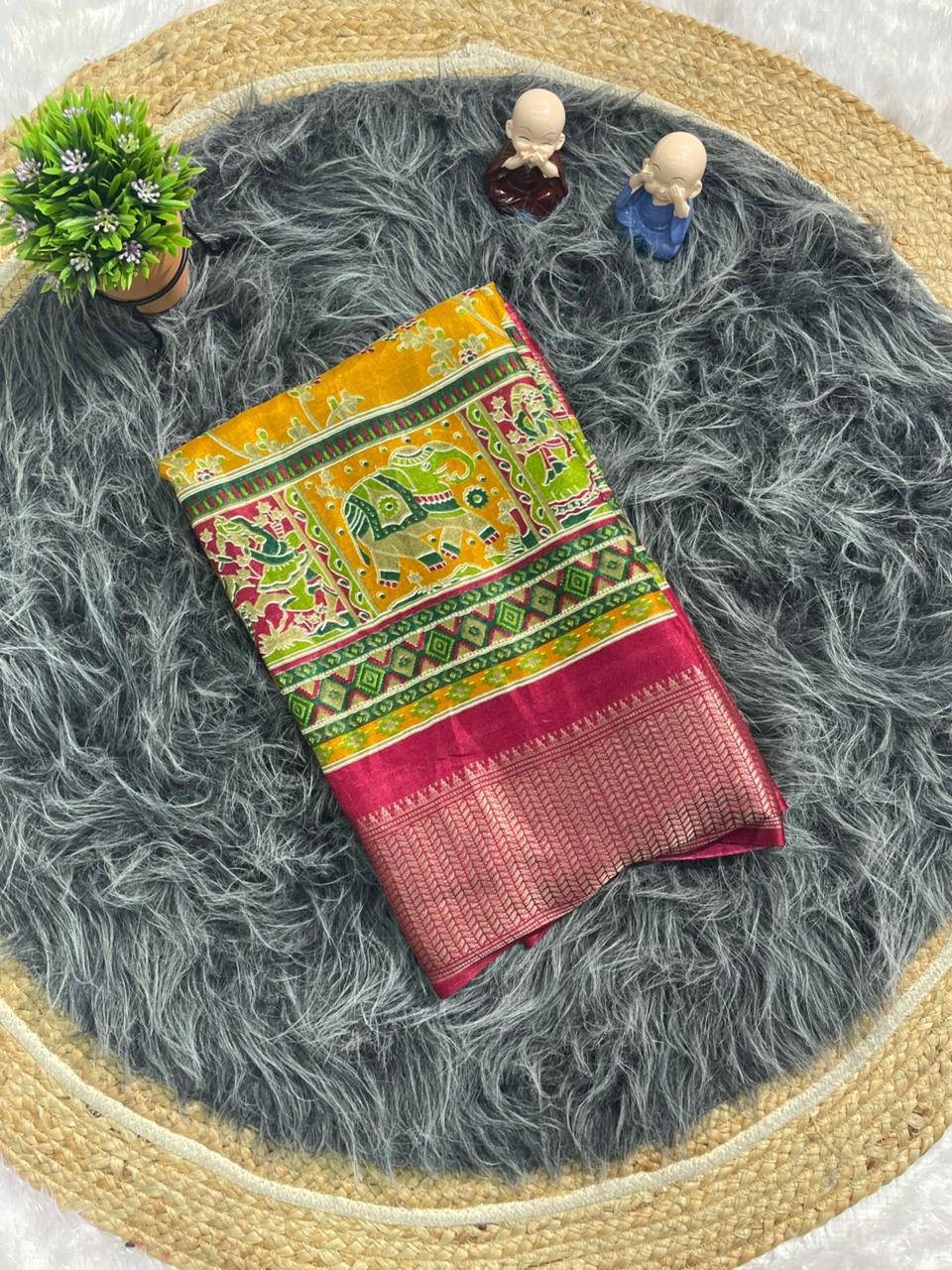 CP-7142 DOLA SILK FABRIC SAREE WITH BEAUTIFUL DESIGN WITH POSITION TYPE PRINT AND JHAL DEISGN ON BODY WITH BLOUSE