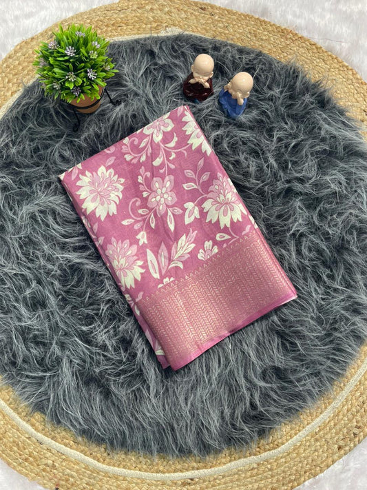 CP-7144 DOLA SILK FABRIC SAREE WITH FLOWER PRINT ON SAREE WITH BEAUTIFUL BORDER WITH BLOUSE