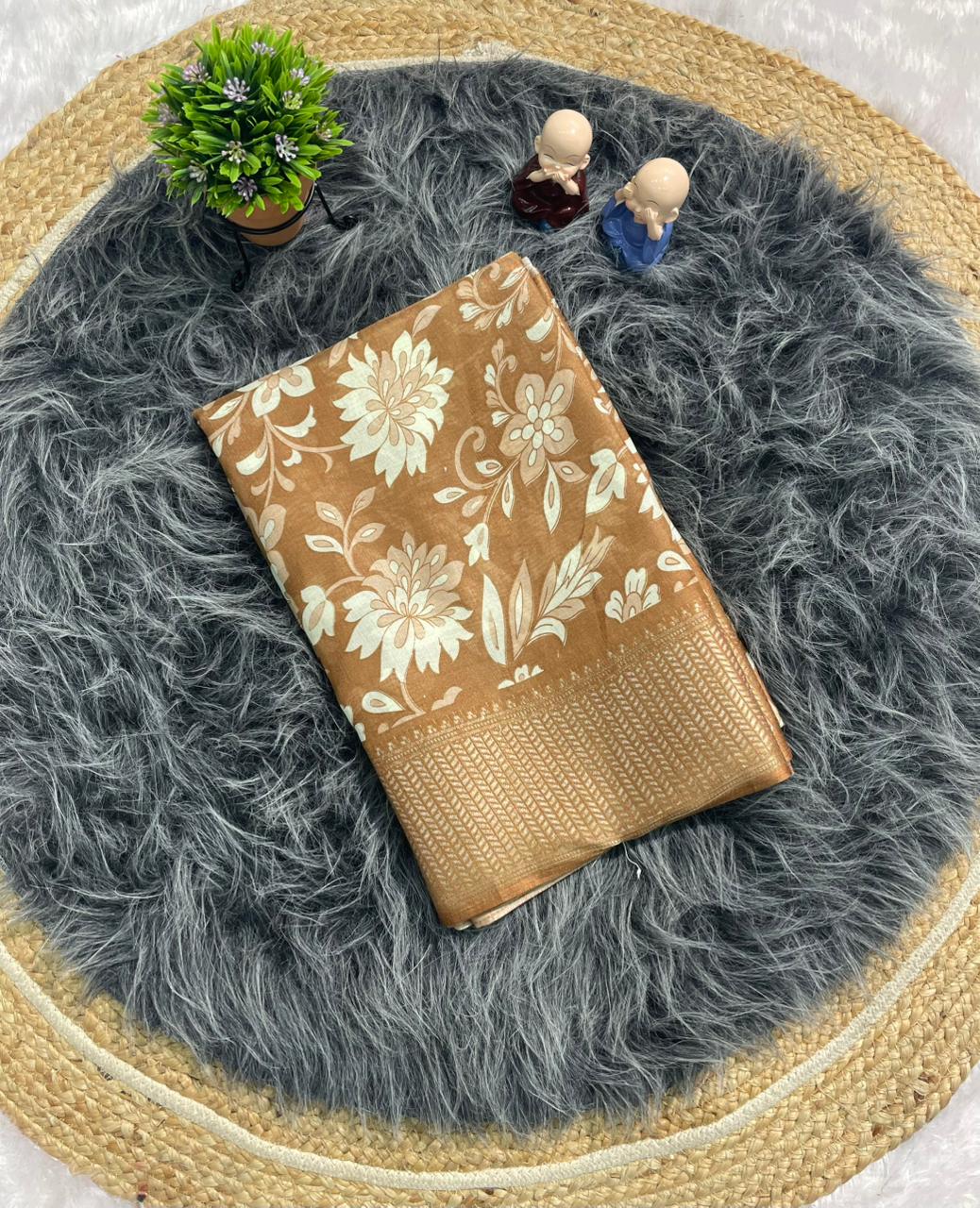 CP-7144 DOLA SILK FABRIC SAREE WITH FLOWER PRINT ON SAREE WITH BEAUTIFUL BORDER WITH BLOUSE