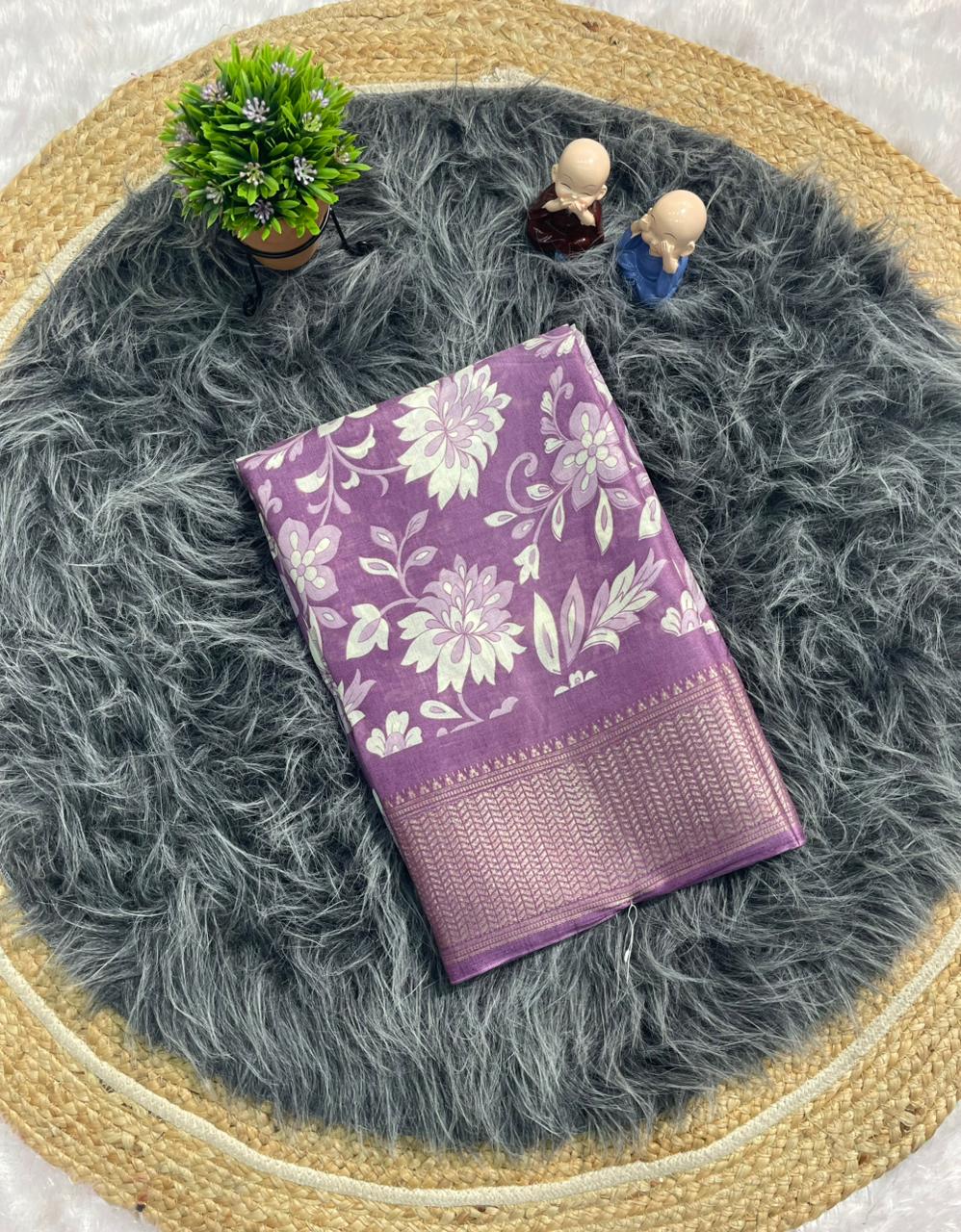 CP-7144 DOLA SILK FABRIC SAREE WITH FLOWER PRINT ON SAREE WITH BEAUTIFUL BORDER WITH BLOUSE