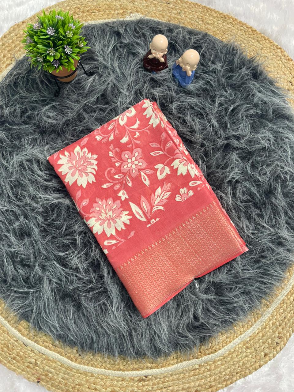 CP-7144 DOLA SILK FABRIC SAREE WITH FLOWER PRINT ON SAREE WITH BEAUTIFUL BORDER WITH BLOUSE