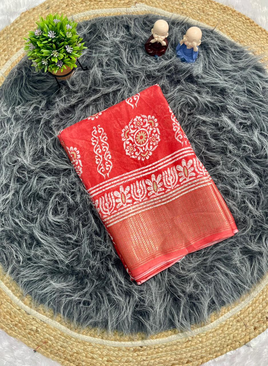 CP-7143 DOLA SILK FABRIC SAREE WITH FLOWER PRINT ON SAREE WITH BEAUTIFUL BORDER WITH BLOUSE