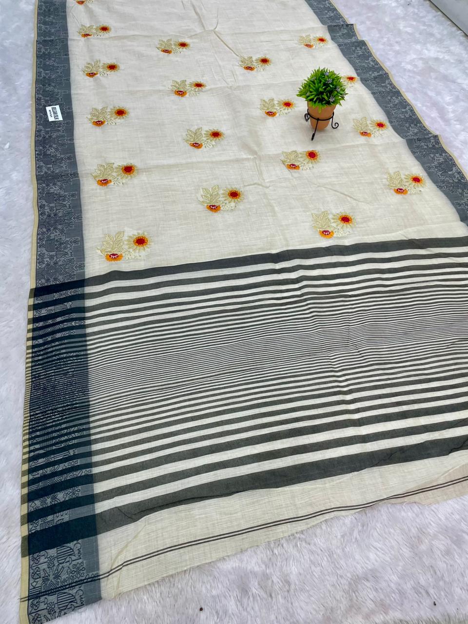 CT-BELGAM SILK SUTI COTTON FABRIC SAREE WITH BEAUTIFUL DESIGN WITH CONTRAST PALLU AND BORDER WITH BLOUSE