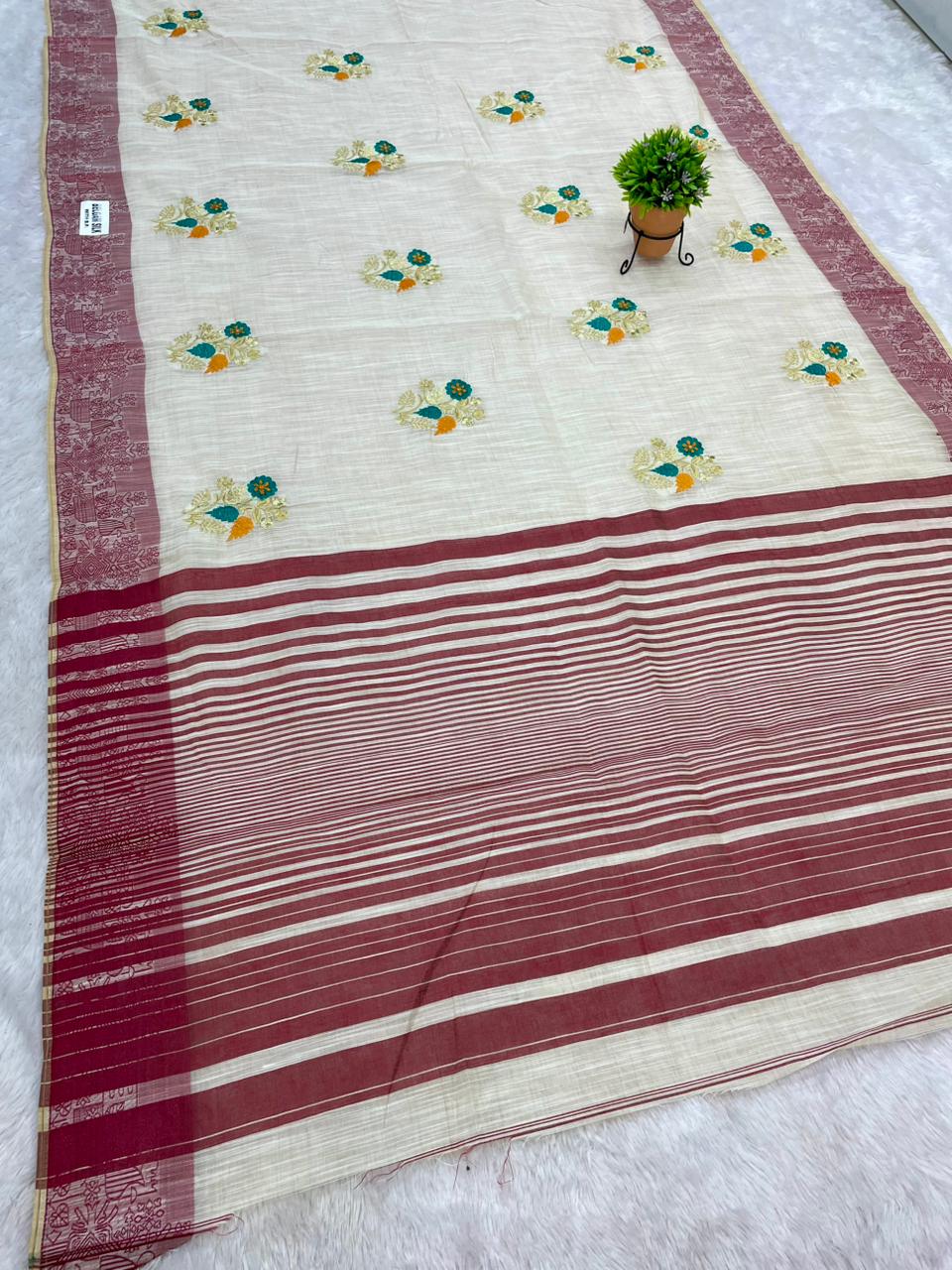 CT-BELGAM SILK SUTI COTTON FABRIC SAREE WITH BEAUTIFUL DESIGN WITH CONTRAST PALLU AND BORDER WITH BLOUSE