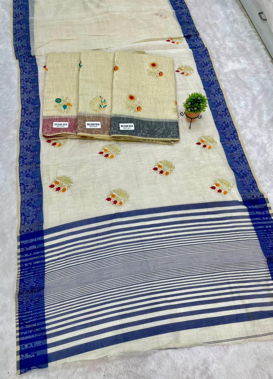 CT-BELGAM SILK SUTI COTTON FABRIC SAREE WITH BEAUTIFUL DESIGN WITH CONTRAST PALLU AND BORDER WITH BLOUSE