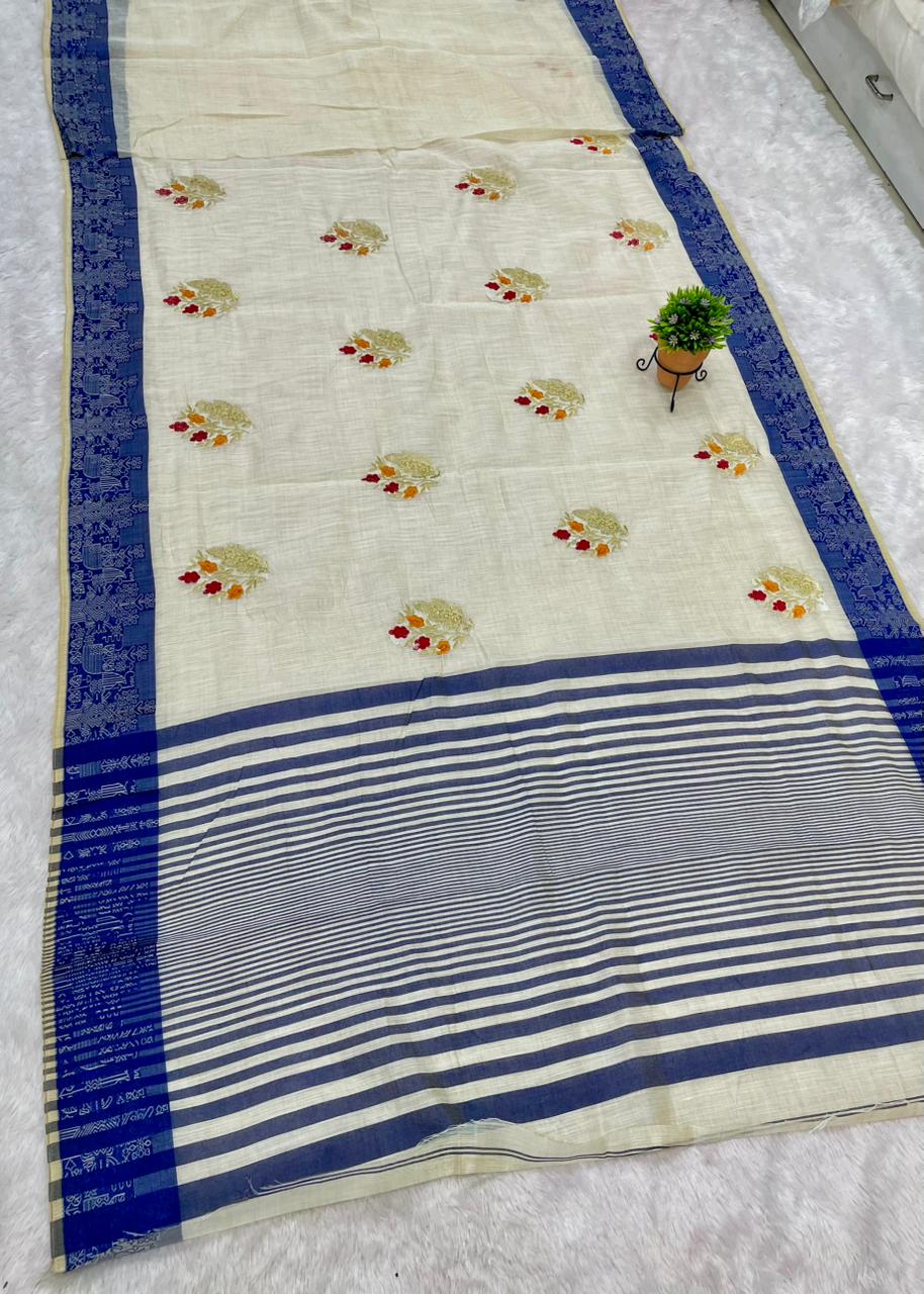 CT-BELGAM SILK SUTI COTTON FABRIC SAREE WITH BEAUTIFUL DESIGN WITH CONTRAST PALLU AND BORDER WITH BLOUSE