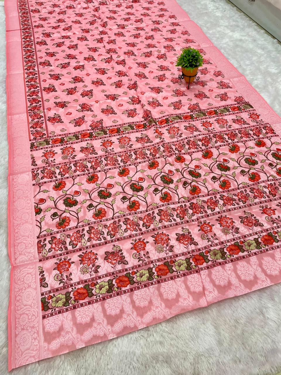 CT-NAGAR DEVI SUTI COTTON FABRIC SAREE WITH BEAUTIFUL RICH PALLU WITH FLORAL DESIGN AND WITHOUT BLOUSE