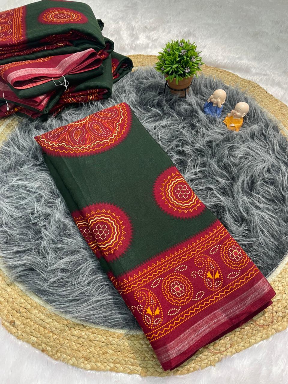 PRINT-3236-GREEN MAL COTTON SAREE WITH BEAUTIFUL RICH PALLU VIRAL BANDANI DESIGN WITH BLOUSE WITH 6.30 MTR CUT
