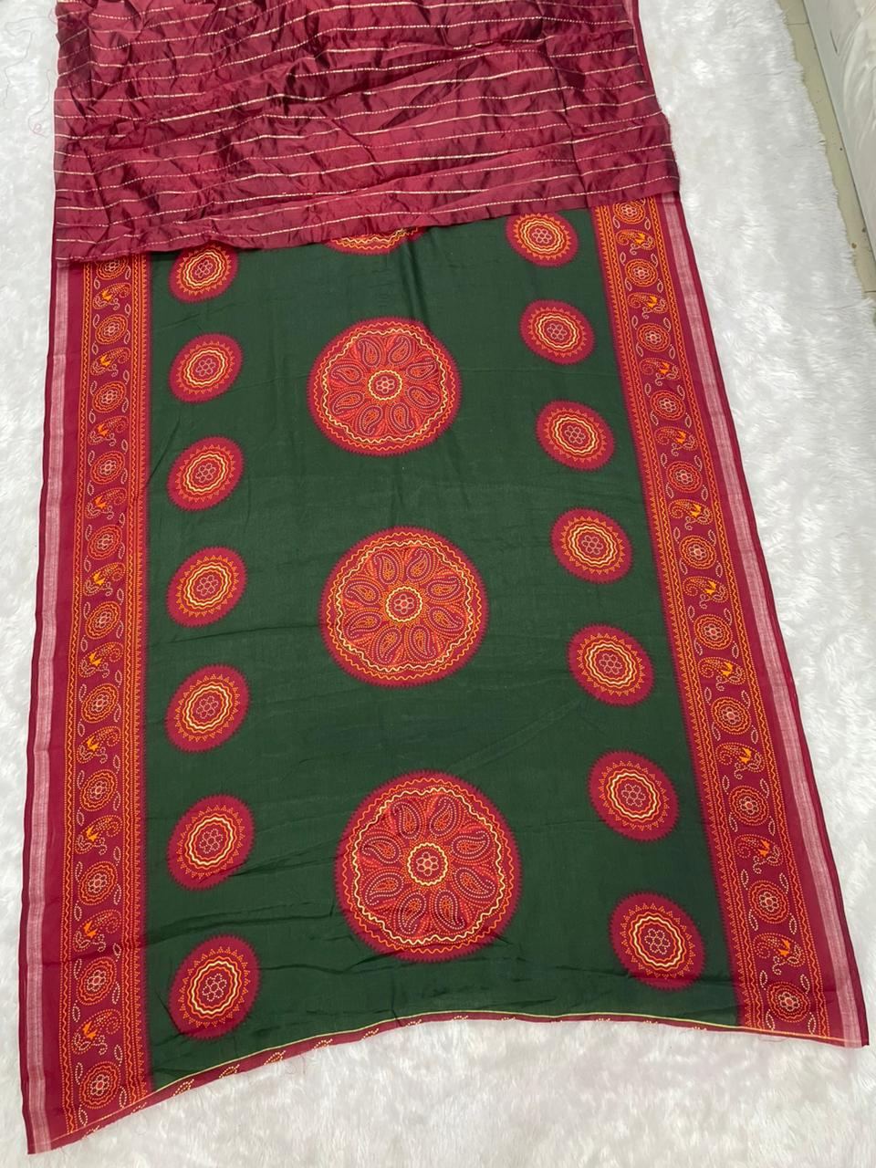 PRINT-3236-GREEN MAL COTTON SAREE WITH BEAUTIFUL RICH PALLU VIRAL BANDANI DESIGN WITH BLOUSE WITH 6.30 MTR CUT