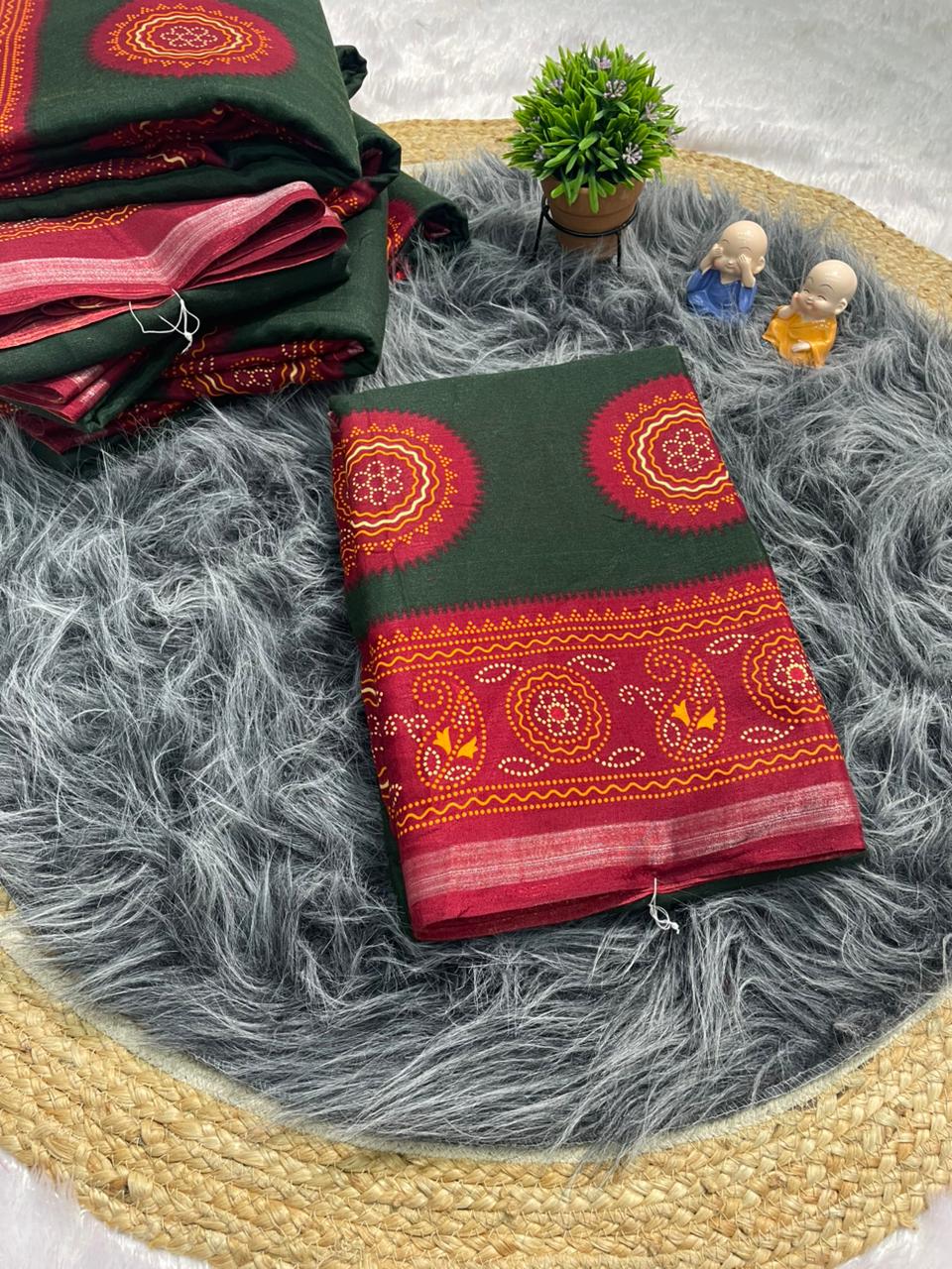 PRINT-3236-GREEN MAL COTTON SAREE WITH BEAUTIFUL RICH PALLU VIRAL BANDANI DESIGN WITH BLOUSE WITH 6.30 MTR CUT