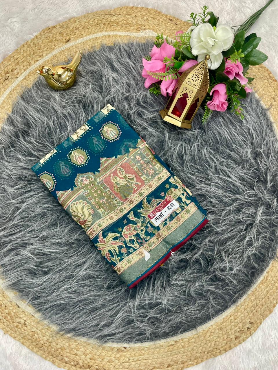 PRINT-3240 BRASSO FABRIC SAREEE WITH FOIL WORK AND DMC SIROSKI WORK ON BORDER WITH BEAUTIFUL PRINT WITH BLOUSE