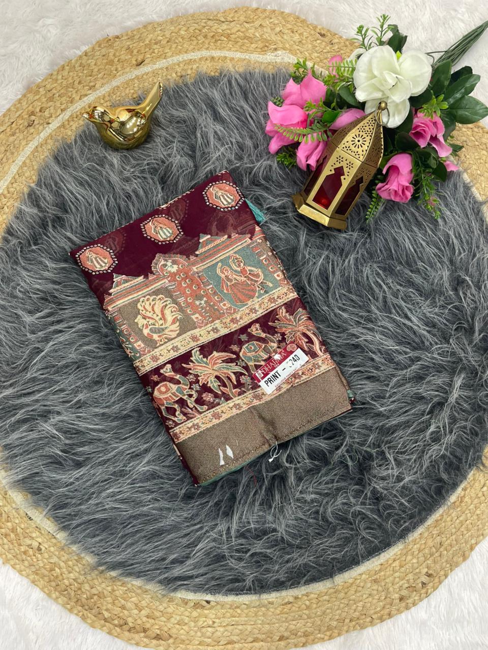 PRINT-3240 BRASSO FABRIC SAREEE WITH FOIL WORK AND DMC SIROSKI WORK ON BORDER WITH BEAUTIFUL PRINT WITH BLOUSE