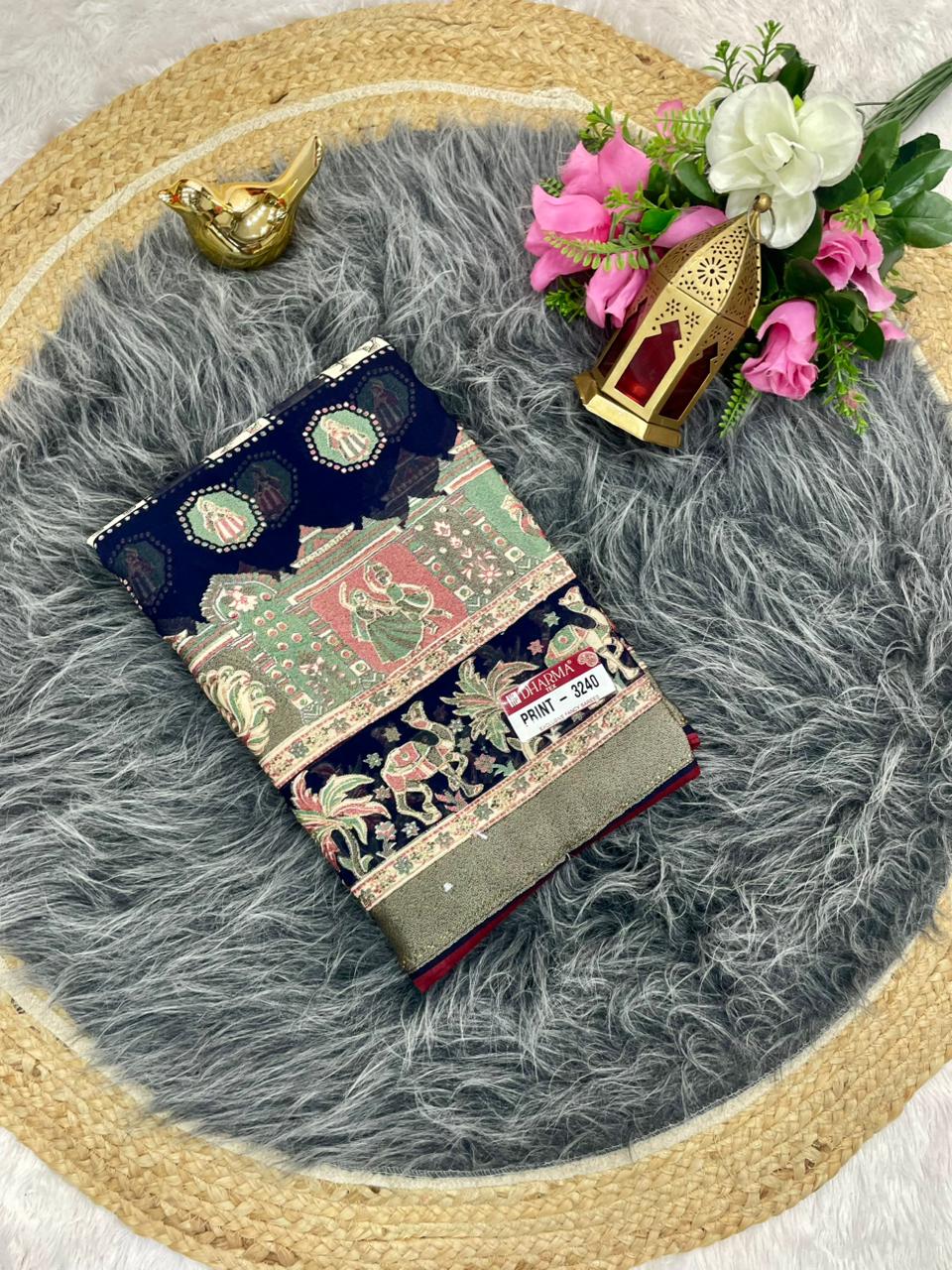 PRINT-3240 BRASSO FABRIC SAREEE WITH FOIL WORK AND DMC SIROSKI WORK ON BORDER WITH BEAUTIFUL PRINT WITH BLOUSE